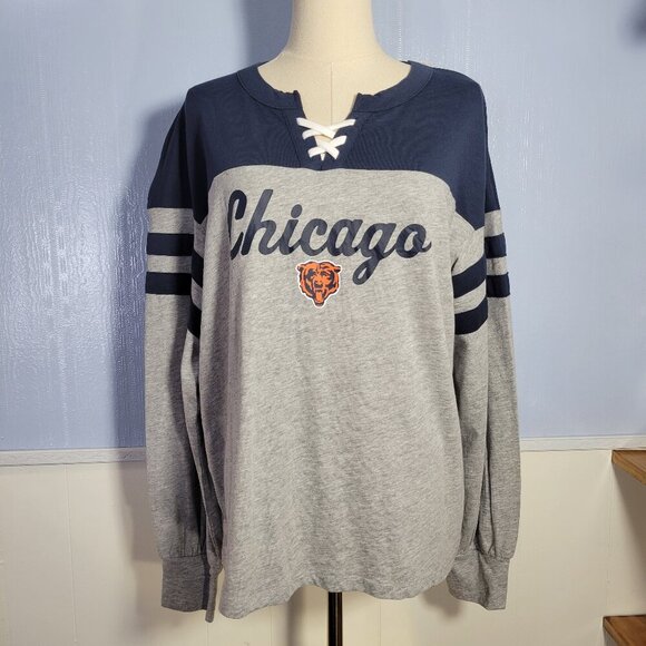 NFL Team Apparel Woman's Large Blue Gray Criss Cross Longsleeve Chicago T-Shirt - Picture 1 of 12